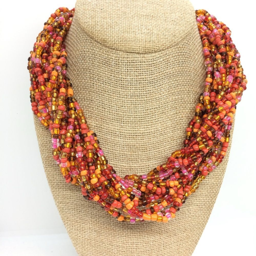 VINTAGE SEED BEAD Necklace Multi Strand Red Orange Torsade Collar